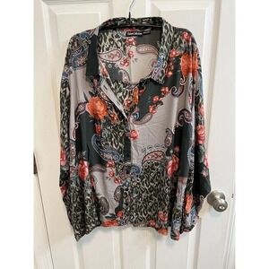 Tolani Collection XL Blouse Multi Color Button Up Roll Tab Sleeve Preowned​